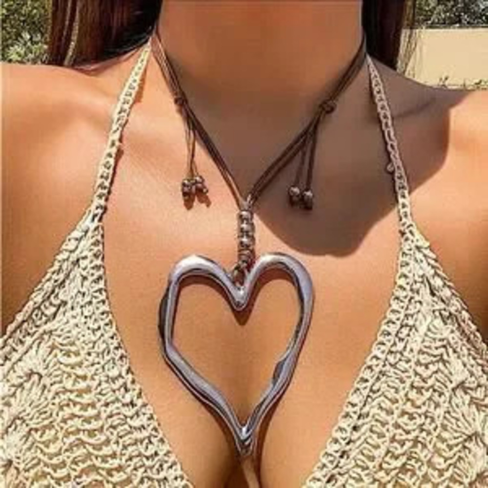 Exaggerated Silver Heart Statement Necklace Boho Oversized